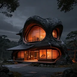 photo of the exterior of a futuristic organic japanese house, dramatic lighting, black and orange colour palette, long shot, archviz