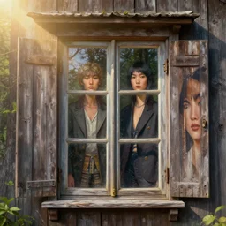 old wood house window, two fashion models, 3 d, close - up, morning, sun rays, forest, poster art, intricate oil painting, high detail, figurative art, multiple exposure, poster art, 3 d, by stanley kubrick and tooth wu and wlop and beeple