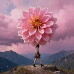 giant dahlia flower on the head, girl walking on mountain, surreal photography, pink storm clouds, dramatic light, impressionist painting, digital painting, artstation, simon stalenhag