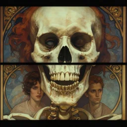 skeleton with eyes, cinematic shot, 8 k, art by artgerm and greg rutkowski and alphonse mucha, movie screenshot, black bar