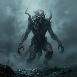 cthulhu emerging from the ocean, full body shot, matte painting, unsettling, misty, by lovecraft and greg rutkowski, luis royo and wayne barlowe, artstation