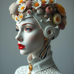 biomechanical beautiful woman portrait with a smooth carved porcelain ivory profile face, futuristic haute couture, iris van herpin, headdress with daisies, colorful puffballs, mushrooms, rhizomorphs, brackets, sponge corals, laser cut collar, red lips, cyberpunk, fine gold details, hyper detailed, ultra sharp, 8 k, uhd