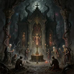 a lovecraftian painting of a demonic shrine, occult, paigan ritual, cosmic horror elements, ultra realistic, concept art, intricate details, eerie, highly detailed, photorealistic, octane render, 8 k, unreal engine. art by artgerm and greg rutkowski and alphonse mucha