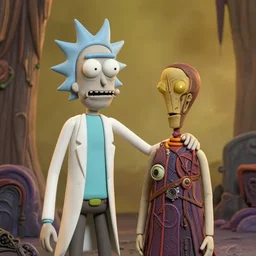 [ expressive and ghastly ], [ intricate and precise ], [ gothic vibes ], medium shot, golden hour, claymation, of rick and morty