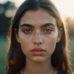 head and shoulder frontal face portrait photography of a beautiful young brunette with perfect dark olive skin, green eyes, bushy eyebrows, thick lips,  by Annie Leibovitz. Kodak Portra 800 film. Depth of field. whirl bokeh. Golden hour. detailed. hq. realistic. warm light. muted colors. Moody. Filmic. Dreamy. lens flare. Leica M9, f/1.2, symmetrical balance, in-frame