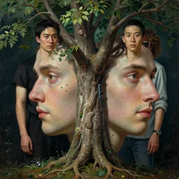 the truly amazing part about this is that it increasingly appears our cortical evolution reflects this emergent tension, technology and nature, split in the form of a tree, photorealistic portrait by michael komarck, greg rutkowski, victo ngai, artgerm, willem claesz heda and j. dickenson