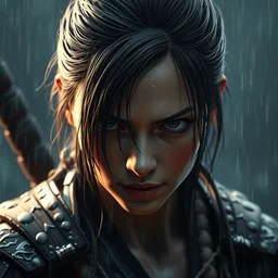 lara croft as samurai, wet face, heavy rain, dramatic, intricate, highly detailed, concept art, smooth, sharp focus, illustration, unreal engine 5, 8 k