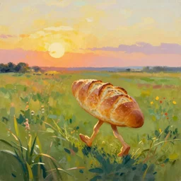 A bipedal piece of garlic bread frolicking through a field towards the sun on a distant horizon, impressionistic, vivid