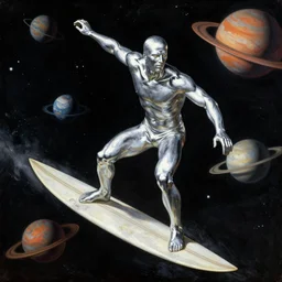 silver surfer surfing by planets in space. pulp sci - fi art for omni magazine. high contrast. baroque period, oil on canvas. renaissance masterpiece.