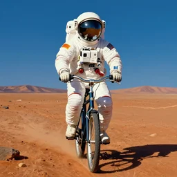 centre portrait of an astronaut riding a bicycle on the mars!! symmetry, retro 8 0 s, colourful, realistic illustration, art by peter elson,
