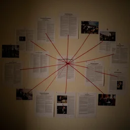 a wall with papers and photos spread out. conspiracy theory. red line connecting papers. investigation. dimmed light