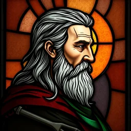 side - view portrait of geralt of rivia, in the style of 1 5 th century stained glass window, masterful, brown background