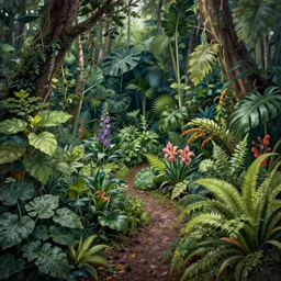rainforest herb garden, extreme fine detail background, night, highly detailed, high quality, digital painting, hyperrealistic, by nicola samori, kim keever, gustave dore and marc simonetti