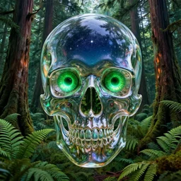 a clear glass skull with beautiful green eyes reflecting a sky full of stars floating in a rain forest with ferns and large cedar trees, hyper realistic, fractal algorightmic art, art station, coherent design, symmetrical, vivid color, complementary color, golden ratio, detailed, sharp lines, intricate, rainbow shift, in unreal 3 d engine, nvidia optix, ray tracing, octane render