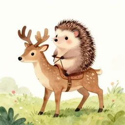 a drawing of a cute little hedgehog riding a deer, a storybook illustration by suzy rice, trending on deviantart, furry art, storybook illustration, watercolor, official art