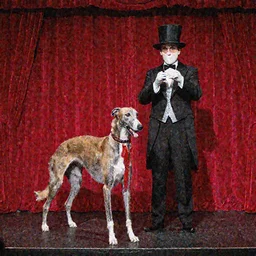 a greyhound dog and a magician standing on a stage in front of red curtains, photorealistic