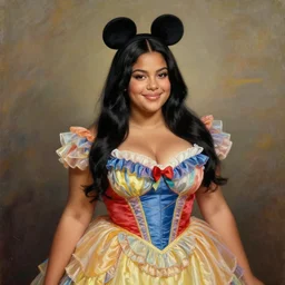 beautiful thirty year old woman with long black hair, tan skin, curvy hourglass figure, round cute face, slight resemblance to selena gomez and jenna coleman wearing a colorful frilly disney princess dress and mickey mouse ears. she has a friendly smile. beautiful painting by artgerm and greg rutkowski lois van baarle and bouguereau