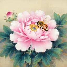 a beautiful painting peony bee, by zhangda qian and kusama yayoi painting