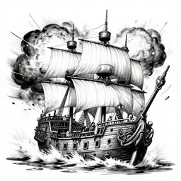 highly detailed ink action photography of an explosion on a pirate ship, fast shutter speed, high speed, action photo, 1 / 1 0 0 0 sec shutter, octane render, b & w clean shaped illustration by kim jung gi, ric estrada, ron english and eiichiro oda