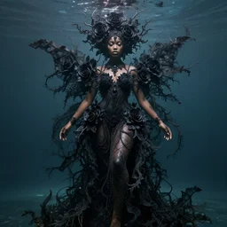 portrait of an enchanted being, half human half divine african american goddess of chill, ultra detailed, ornate, organic, haute couture black roses and seaweed, under water, full body, upper light, symmetrical face, hyperrealistic
