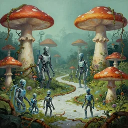 a jungle village of cybernetic mutants and their mushroom tents, matte oil painting, retrofuturistic, science fantasy, roguelike, rusted vines, salt powder, lgbt, queer, rpg, epic, dungeons & dragons, sacred, sharp focus, award - winning, extremely detailed, 4 k, 8 k