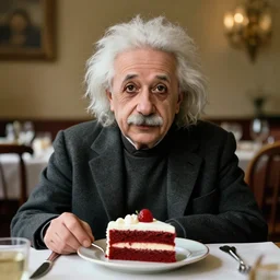 a portrait of albert einstein sitting at the dining table with a plate containing red velvet cake in front of him, highly detailed, trending on artstation, bokeh, 9 0 mm, f / 1. 4