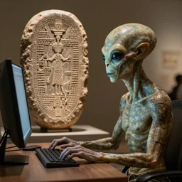 an alien working on a computer, ancient mesopotamian stone tablet, hyperrealistic, extremely detailed