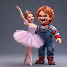 screaming chucky doll as a beautiful ballerina, beautiful ballerina as a screaming chucky doll by greg rutkowski and thomas kinkade, trending on artstation, 3 d render octane