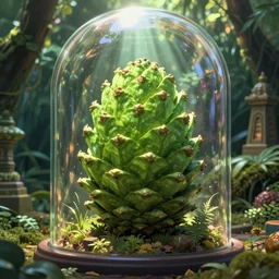 matte painting of the last ever oversized light green pine cone, in frame, found in a glass dome in an abandoned jungle temple. detailed concept art by hayao miyazaki, stephan martiniere and jorge jacinto. volumetric lighting, god rays, atmospheric, mysterious, sense of awe. trending on behance