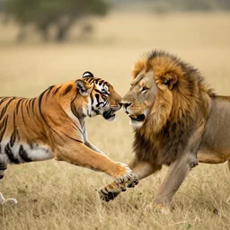 A tiger fighting with a lion