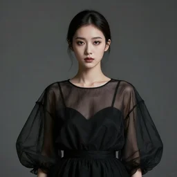 hight focus of a wonderful realistic focused centered mid portrait of a wonderful realistic symmetrical lonely woman, her eyes makeup is 7 0's style, dressed with a wonderful, majestic, large semi transparent black cotton dress, dramatic light, octane render, - 8 k