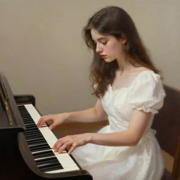 a beautiful girl with white dress playing the piano, realistic painting, high definition, digital art, matte painting, very detailed, realistic