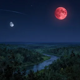 beautiful fantasy landscape, distant trees, river, night, stars, shooting stars, a red moon and a white moon, by james gurney, concept art, matte painting, intricate, hyper detailed, volumetric lighting, sharp focus, octane render, trending on artstation, 8 k