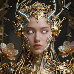 very beautiful woman integrating with technology, full face frontal centered, portrait, insipiring, detailed intricate ornate neon pulsating cables connected to head, white eyes, luxurious detailed abundent wiring and implants, gold, renaissance, sci - fi, detailed technology background with cyber flowers and insects, dramatic lighting, photography, highly detailed, artstation, 8 k,