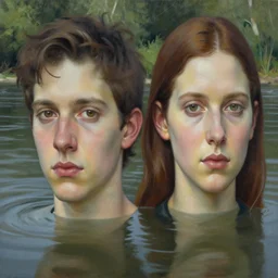 hyperrealist portrait in a river by jeremy mann and jenny saville, very detailed faces