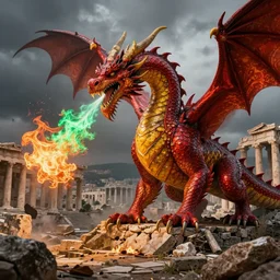 red and yellow dragon spitting green fire in an ancient greek city, futuristic, hyper detailed, 8 k, moody, extreme detail, hyperrealistic, 4 k, dragon, fear, fire, destruction, ruins, ancient greece,