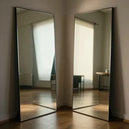 two mirrors stand parallel to each other refracting each other recursively in a mirror room, natural lighting, cinematic lighting, 4 k, global illumination