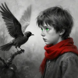 a black and white highly detailed digital painting of a young boy with a red scarf, medium long brown hair, green eyes, is looking at a bird, ethereal, horror, fantasy art by greg rutkowski and magali villeneuve and claude monet black and white but the eyes are green and the scarf is red