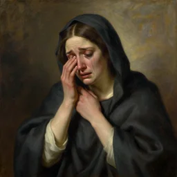 oil painting by brothers hildebrant woman in holy clothes brown hair crying sobbing tears sorrow