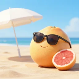 a Grapefruit wearing sunglasses and relaxing on the beach, A sun umbrella is beside it