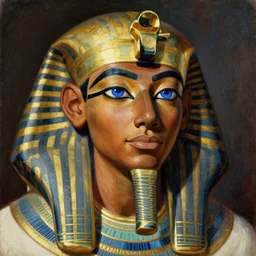 a closer hero portrait of a live nubian temple guard with very piercing blue eyes, incredibly charismatic. in old egypt. masterpiece, dramatic light and shadow, saturated colors, ciaroscuro. painted by anders zorn