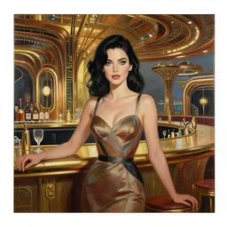 beautiful woman with black hair and green eyes. she is wearing a cocktail dress. she is in the bar of the atlantis paradise, a retro futuristic spaceship made of brass bronze gold, art deco influence, hotel style design. clean, well composed painting by artgerm and greg rutkowski and peter elson.