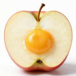 photo of half of an apple with a egg yolk inside