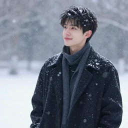 Dark-haired young man in a snowstorm，Perfecting the contours of the face，the charming smile，The Floating Soul, high quality, ultra detail，Realistic style,full-body
