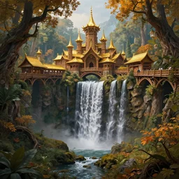 a wooden elven City   with golden roofs, with arches and bridges on top of a WATERFALL in the fall , gnarly trees, lush vegetation, forrest,  a small stream runs beneath the waterfall, landscape, raphael lacoste, eddie mendoza, alex ross, concept art, matte painting, highly detailed, rule of thirds, dynamic lighting, cinematic, detailed, denoised, centerd