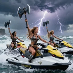 dramatic photo of viking women riding jet skis!! holding huge futuristic axes!!!, wearing skin - tight futuristic valkerie bikinis, rough seas in background, lightning storms, water world, mad max, hyper - realistic, highly detailed, accurate, 8 k octane render, 2 8 mm, wide angle, rule of thirds