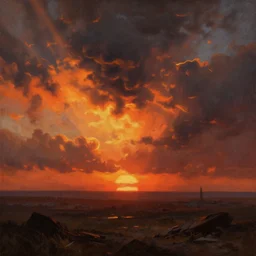 dramatic sunset and dramatic sky , painting by frazetta, low angle, postapocalyptic panorama.asthetics !