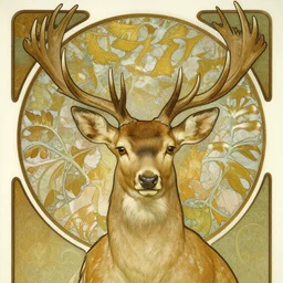an art nouveau painting of a deer with antlers, highly detailed, intricate, artstation, by alphonse mucha