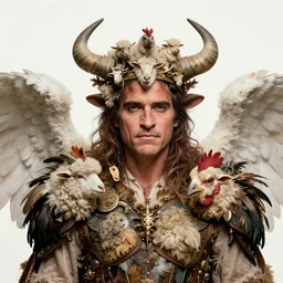 a hyper detailed portrait of joaquin phoenix with a crown made of animals, cow horns, sheep wool, chicken feather armor, majestic, angelic, by anna podedworna, by miklos ligeti, by diego maricato, by taran fiddler, by antonino truisi, by chris reddie, by jinsung lim, trending on artstation