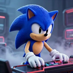 portrait of sonic the hegdehog playing videogames. smoky cyberpunk, highly detailed, cartoon, artstation, artgerm, shinkiro toshiaki mori